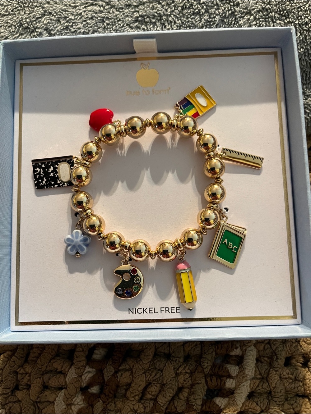 NIB True to Form School Themed Charm Stretchy Bracelet in Box